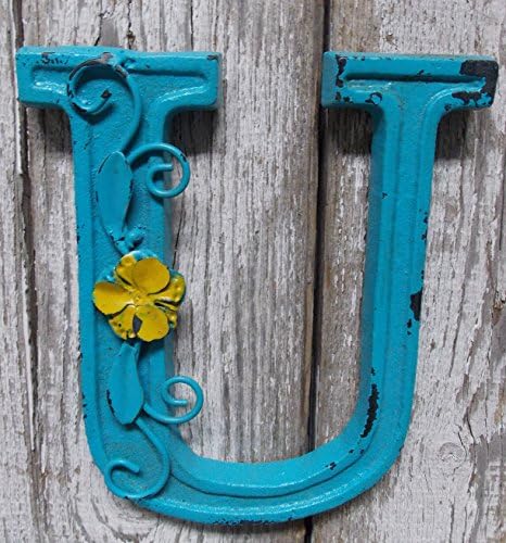 Fun 6" x 5.5" x .5" Cast Iron 3-D BLUE Wall LETTER " U " Wall Art Decor Alphabet Letter