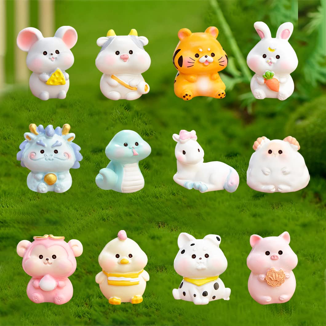 Rolin Roly 12 Pcs Miniature Zodiac Ornaments Micro Landscape Decoration Mini Resin Dog Ornaments Micro Landscape Accessories for Fairy Garden Home Crafts Decorations