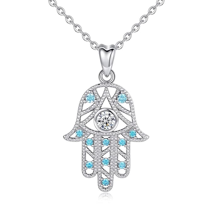 Hamsa Hand Halskette Damen, 925 Sterling Silber Hamsa Anhänger mit 46cm Kette, Ethnisch Schmuck von CELESTIA, Glücklich Schut