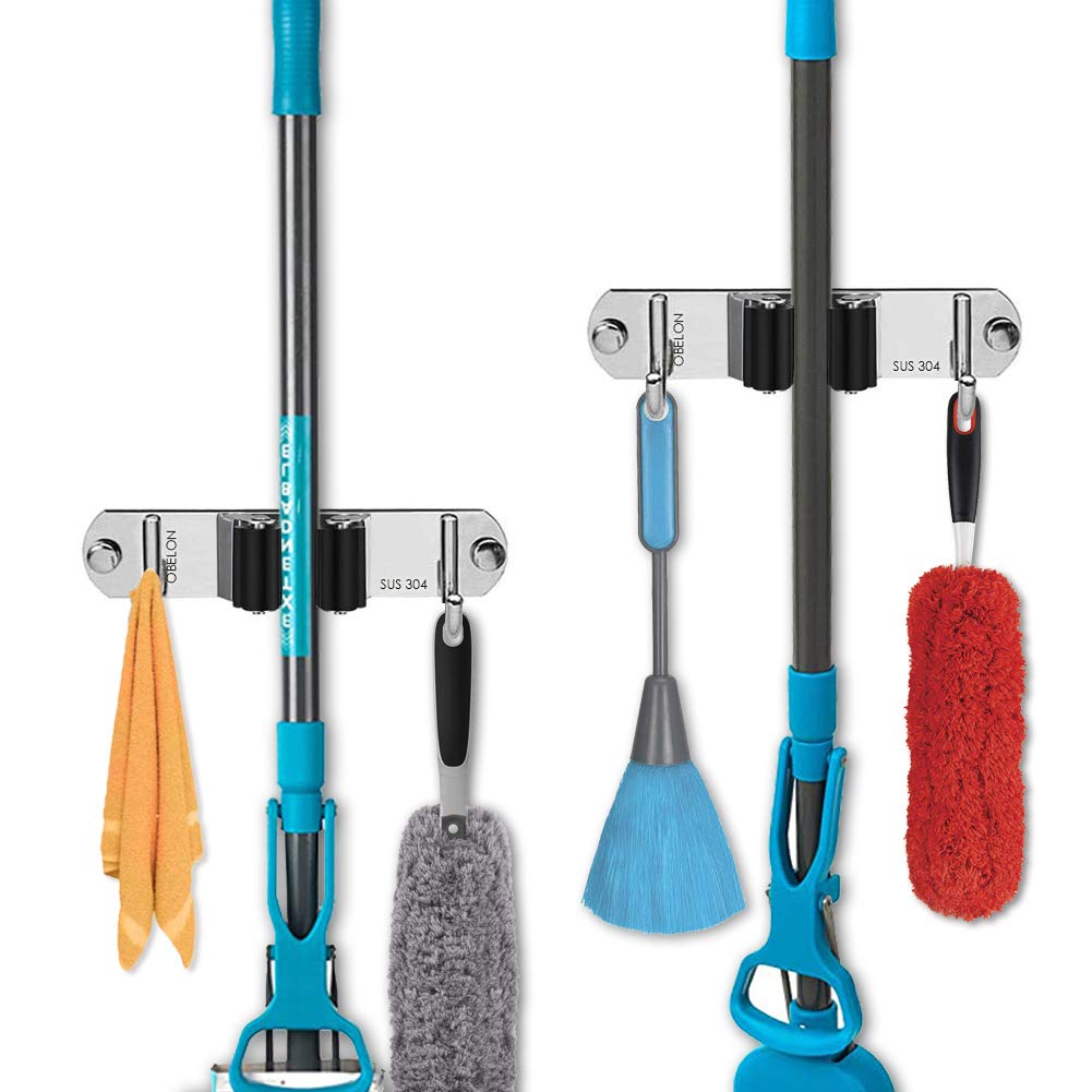 OBELON Stainless Steel Wall Mounted Mop and Broom Holder, No Drill Storage Rack with 1 Clip & 2 Hooks for Kitchen, Bathroom, Garage, Garden, 2 Packs (Black Clip)