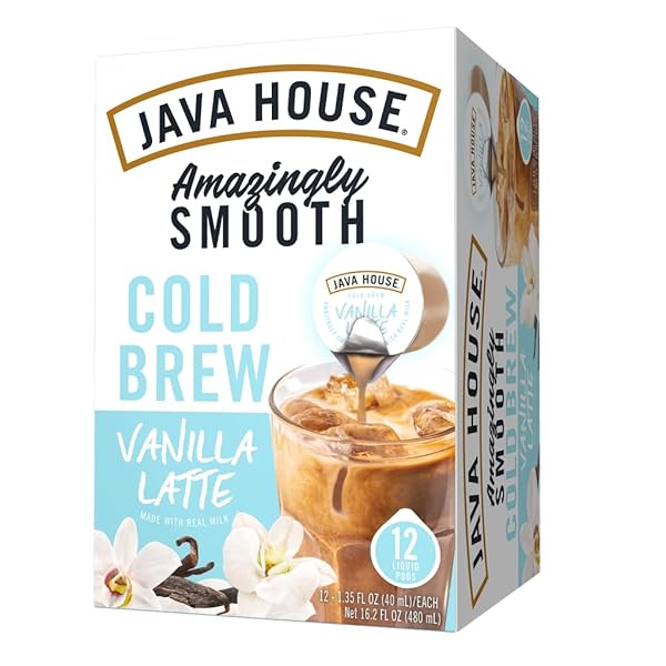 JAVA HOUSE FRENCH VANILLA LATTE COLD BREW COFFEE PODS, (12 COUNT) PEEL AND POUR PODS HOT OR ICED
