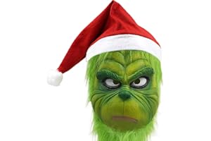 casapre Deluxe Green Monster Christmas Mask with Santa Hat, Adult Size, Plush Fur and Latex Construction, Holiday Character Costume Accessory