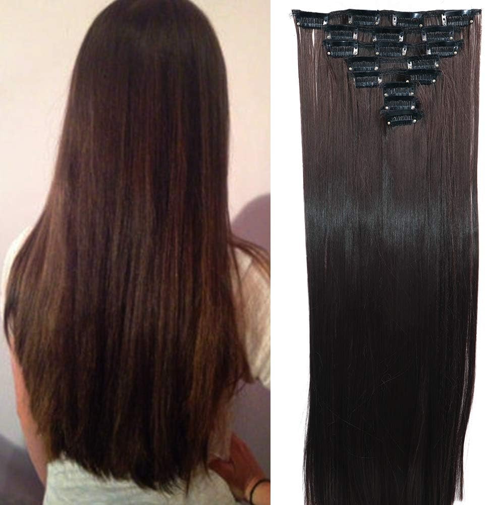 Cybelleza Clip in Hair Extensions Straight Clip on Hairpieces for Women Girls 8 Pieces Synthetic Hair Extension Long Full Head (Medium Brown)