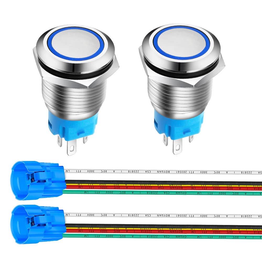 Gebildet 2 Pieces 0.63 Inch/16mm Stainless Steel Momentary Push Button 12V-24V 5A LED 1NO1NC SPDT ON Off Waterproof with Wire Socket Plug (Blue LED)