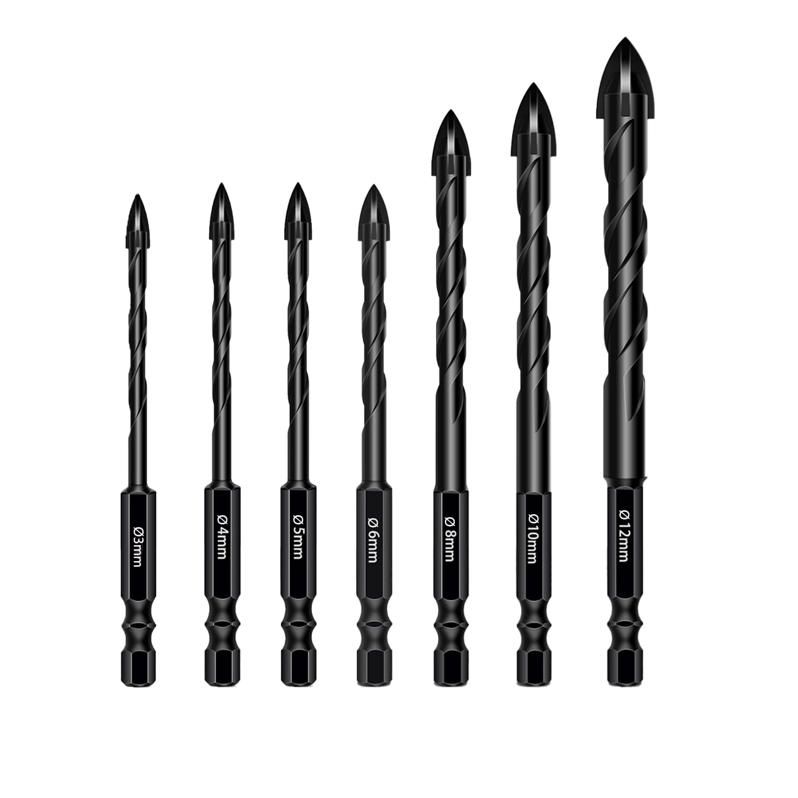 Tile Drill Bit Set 7-Piece 3/4/5/6/8/10/12 mm Hexagonal Shank, Glass Drill Cross Carbide Drill Bit for Tiles, Ceramics, Masonry, Glass, Plastic, Wood, Porcelain, Soft Metal
