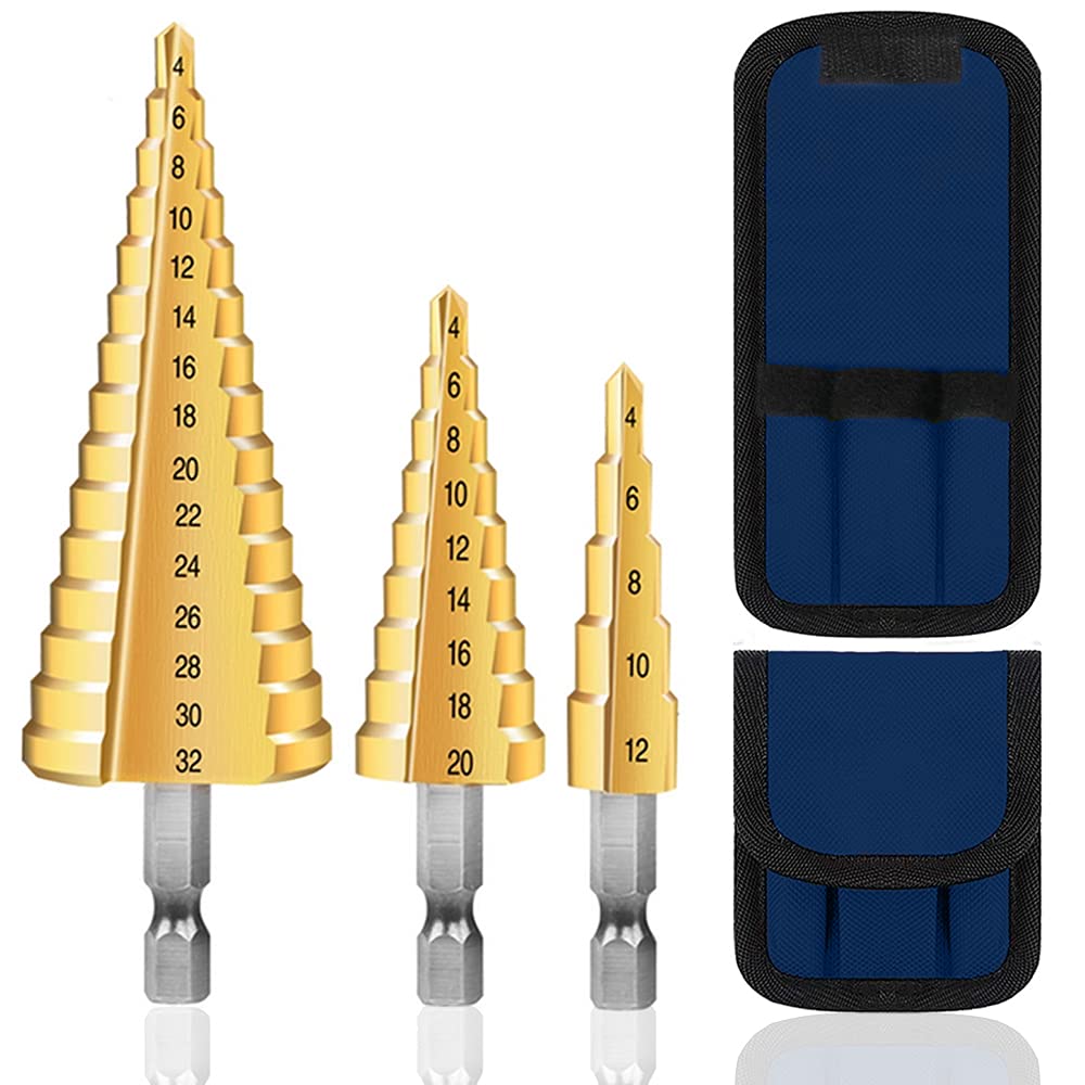 HYLONG HSS Step Drill Bit 4-12/20/32 mm High Speed Steel Titanium Coated HSS Step Cone Drill Bits Set Hex Shank Metric for DIY Wood, Metal, Stainless Steel, Sheet Metal-Gold
