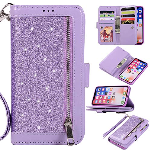 Shinyzone Wallet Phone Case for iPhone Xs with 9 Card Slots,iPhone X Glitter Leather Case with Zipper Pocket,Fashion Design with Hand Strap Magnetic Stand Flip [Dual Folio] Cover,Purple - Thumbnail 7