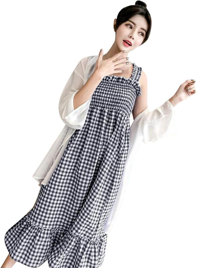 Amazon Co Jp マタニティドレスワンピース格子縞のストラップ日焼け止め2枚セット夏の大きいサイズ妊婦服通勤m 2xl 服 ファッション小物
