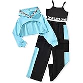 FUNNIDEA Girls 3 Piece Outfits Color Block Sweatsuit Workout Hoodie Litter Graphic Crop Tank and Pants Set