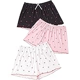 BEAUDRM Women's 3 Piece Plus Size Cherry Print Pajama Shorts Bowknot Elastic Waist Sleep Shorts Loungewear