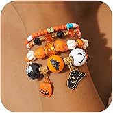 Nojess 4Pcs Halloween Bracelets Set Beaded Stretch Bracelets Skull Pumpkin Ghost Bat Spider Web Stackable Bracelet Holiday Accessories Jewelry Gifts