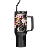 Christian Art Gifts Extra Large Stainless Steel Double Wall Vacuum Insulated Travel Tumbler for Women: Hope & Future Inspirational Scripture, Lid, Straw, Sturdy Handle, Black Multicolor Floral, 40 oz.
