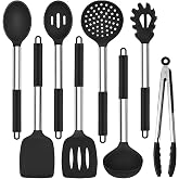 TeamFar Kitchen Utensils Set of 8, Silicone Utensils Kitchen Tools Set | with Stainless Steel Handle, for Frying Serving Flipping Draining, Non-toxic &amp; Heatproof, Nonstick &amp; Dishwasher Safe - Black