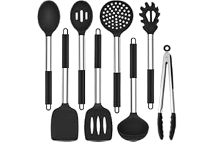 TeamFar Kitchen Utensils Set of 8, Silicone Utensils Kitchen Tools Set with Stainless Steel Handle, for Frying Serving Flippi