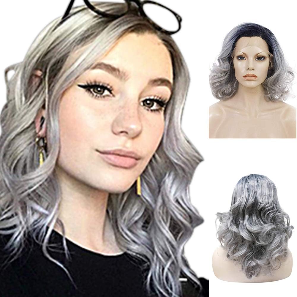 Grey Lace Front Wig Natural Wavy Short Synthetic Lace Front Wigs Ombre Dark Roots Wigs Glueless Heat Resistant Wigs for Woman 16 inches (2 Tones)