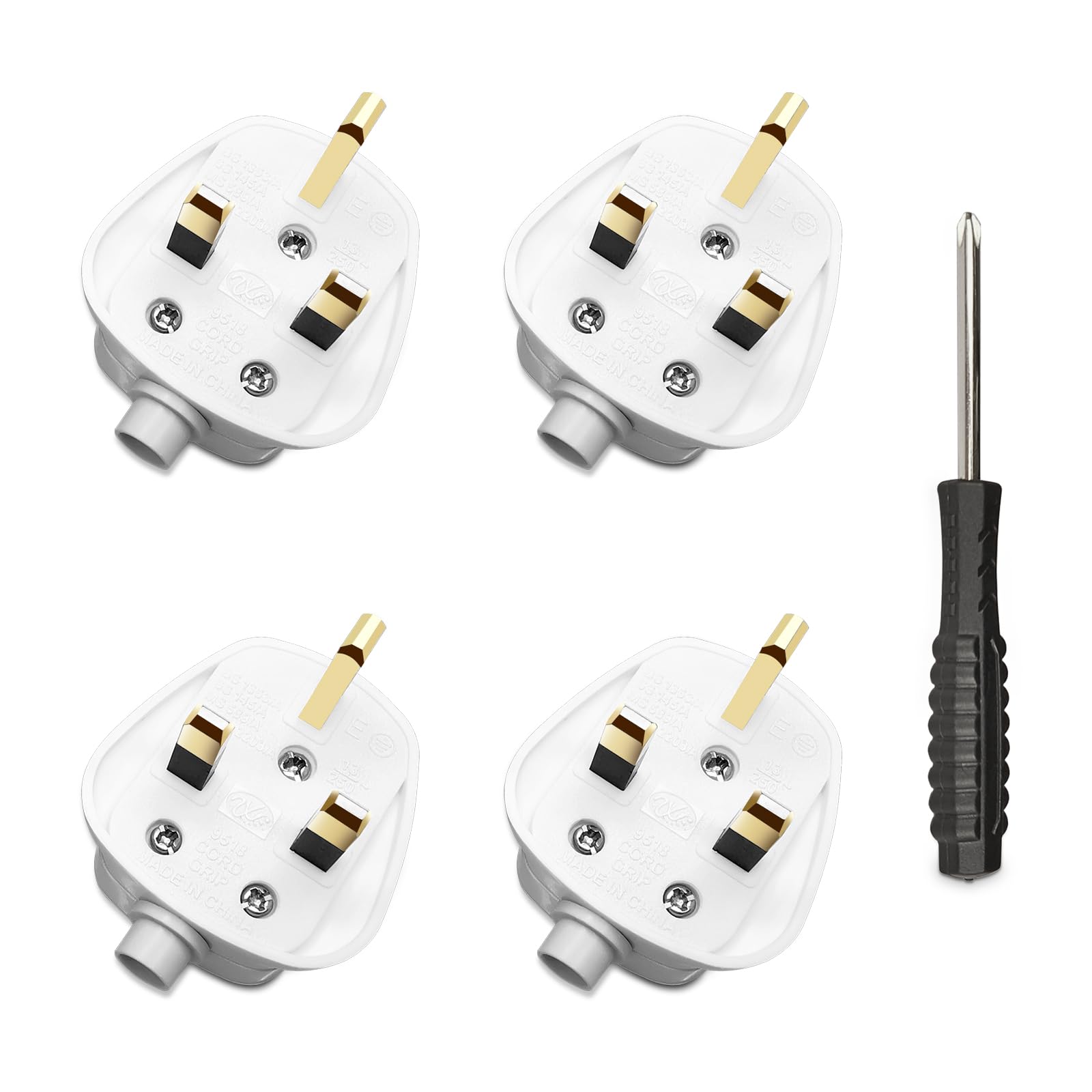 4 Pack 13amp Plug UK, UK Plug 13A Fused Mains, 3 pin Plug UK 250V, with Cord Grip Rewireable Socket, White