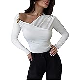 GORGLITTER Women's Metal Asymmetrical Tops Off Shoulder Long Sleeve Fall Fitted Going Out Tee Shirts