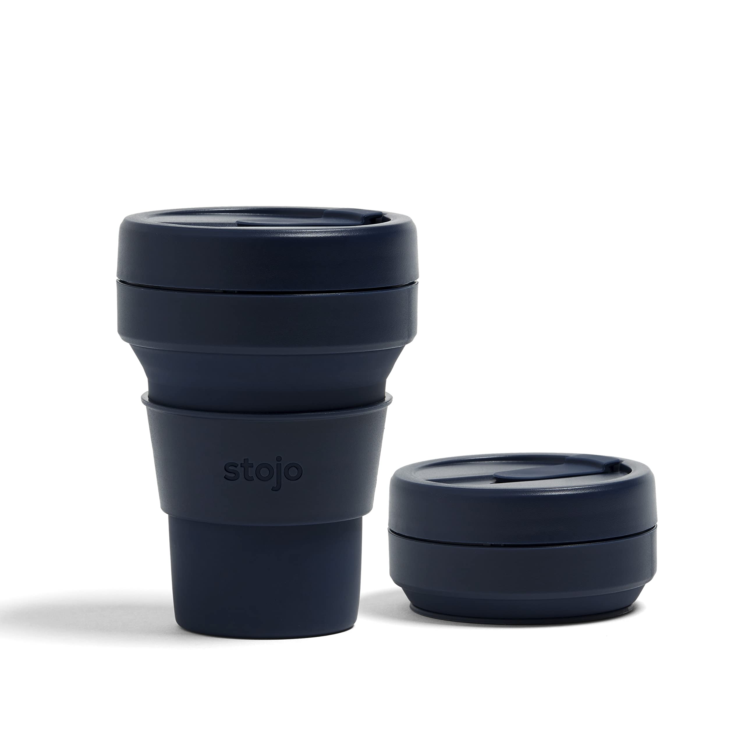 STOJO On-The-Go Collapsible Coffee Cup - 12oz / 355ml - Reusable & Foldable Silicone Travel Mug with Lid - Portable, Pocket Size - Dishwasher Safe - Denim