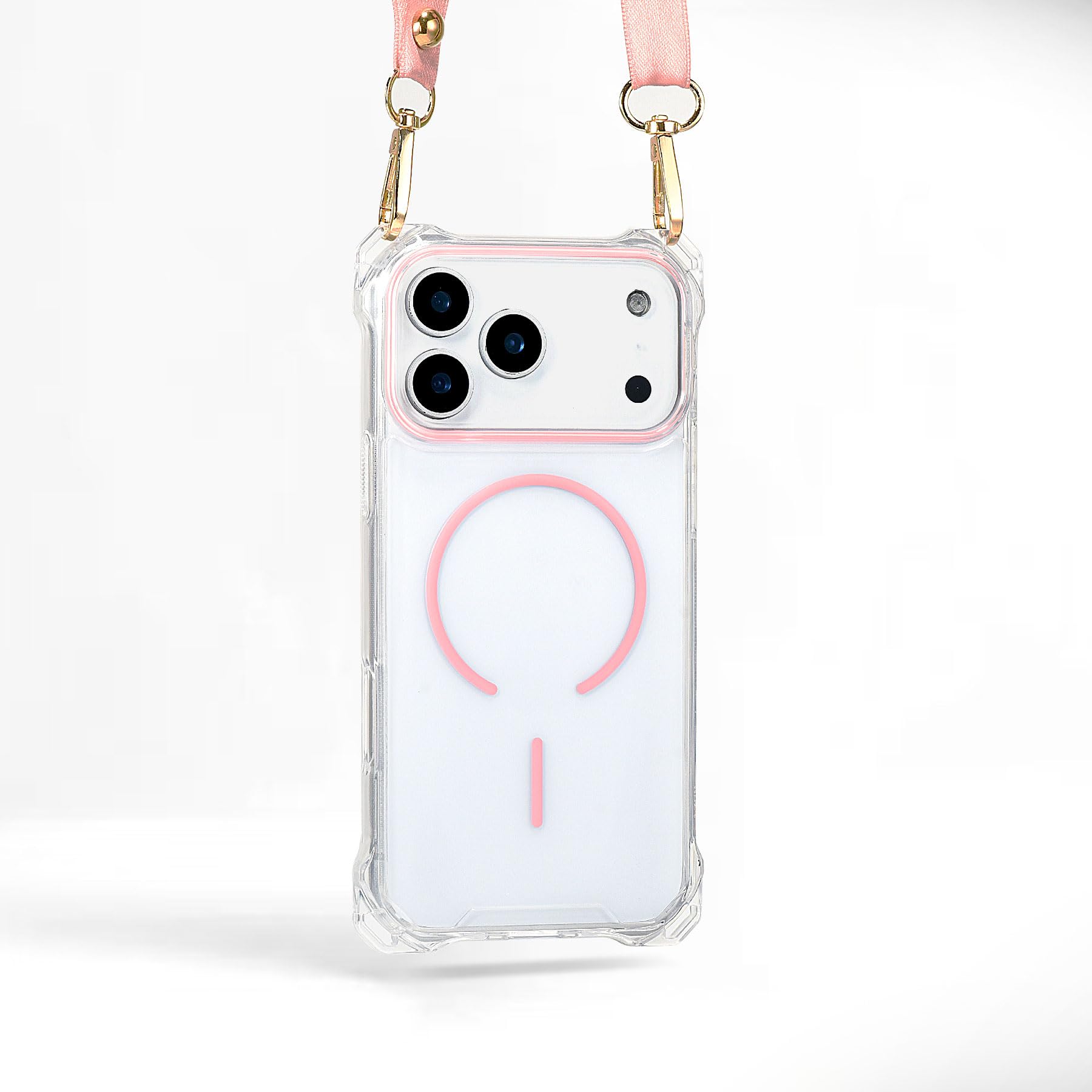 Photo 1 of Yetagso Magnetic for iPhone 17 Pro Crossbody Phone Case,Clear/Pink,Clear Magnetic Soft Frame PC Back Shockproof Protective Phone Cover with Adjustable Detachable Lanyard,Compatible with MagSafe