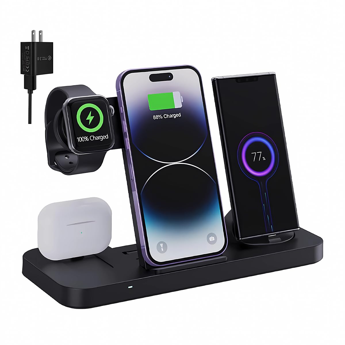 6-in-1 Fast Wireless Charging Station for iPhone 16/15/14/13, Apple Watch Ultra/9/8, AirPods Pro,18W Qi-Certified (with QC3.0 Adapter)