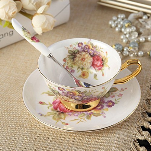 Panbado 3 Piece Bone China Tea Cup Saucer Set with Spoon Porcelain Gold Rimmed Teacup Coffee, Flower, 200ml, 6.8 oz., White/Golden