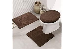 MIFXIN Bathroom Rug Set 3 Piece Non-Slip Soft Absorbent Bath Mats Solid Color Floor Mat U-Shaped Toilet Mat Toilet Lid Cover for Tub Shower Bathroom (Brown)