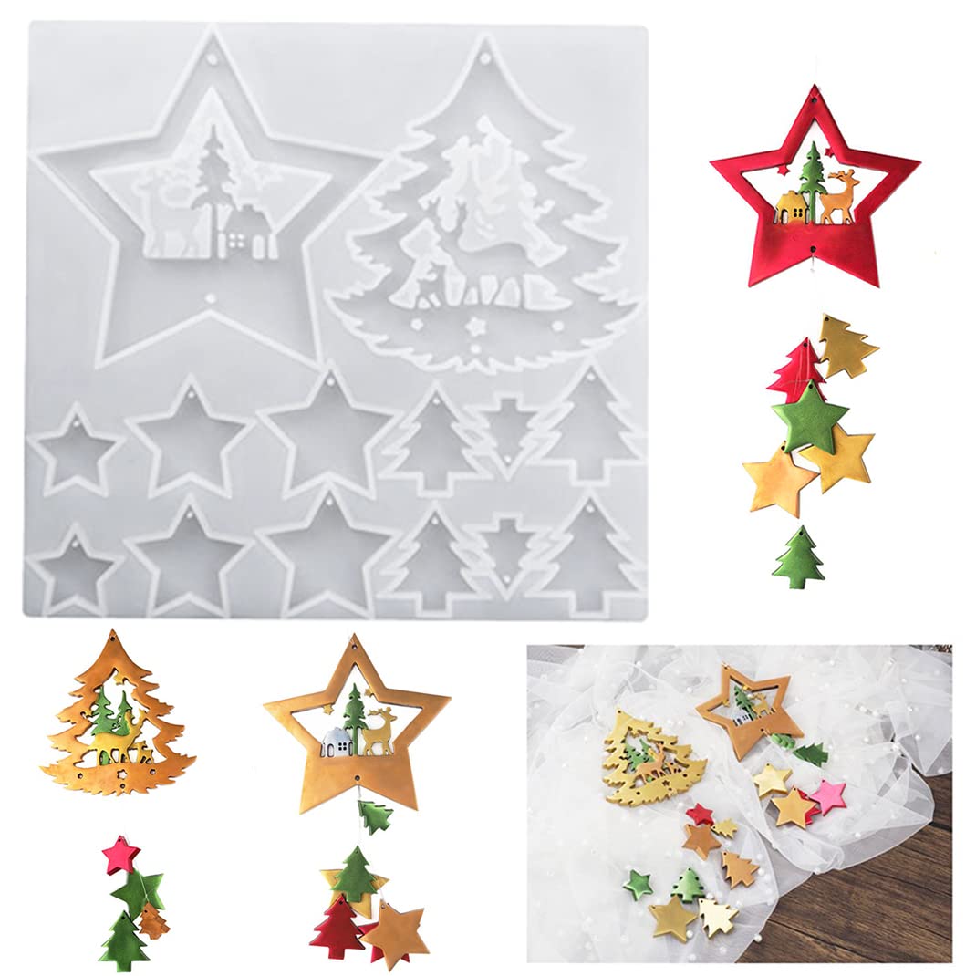 DIYBravo Christmas Resin Ornament Moulds Silicone Pendant Xmas Moulds Stars Trees Reindeer with Hanging Hole for DIY Making Craft Party Home Car Decoration, Elastic Thread Included