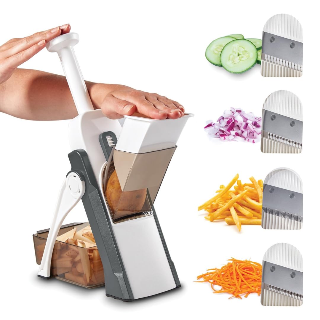 Photo 1 of 5-in-1 Safe Mandoline Slicer – Compact Foldable Vegetable & French Fry Cutter Mandoline Food Slicer Adjustable Thickness from 0.1 to 8mm for Kitchen, Ideal for Fruits, Vegetables, and Potatoes