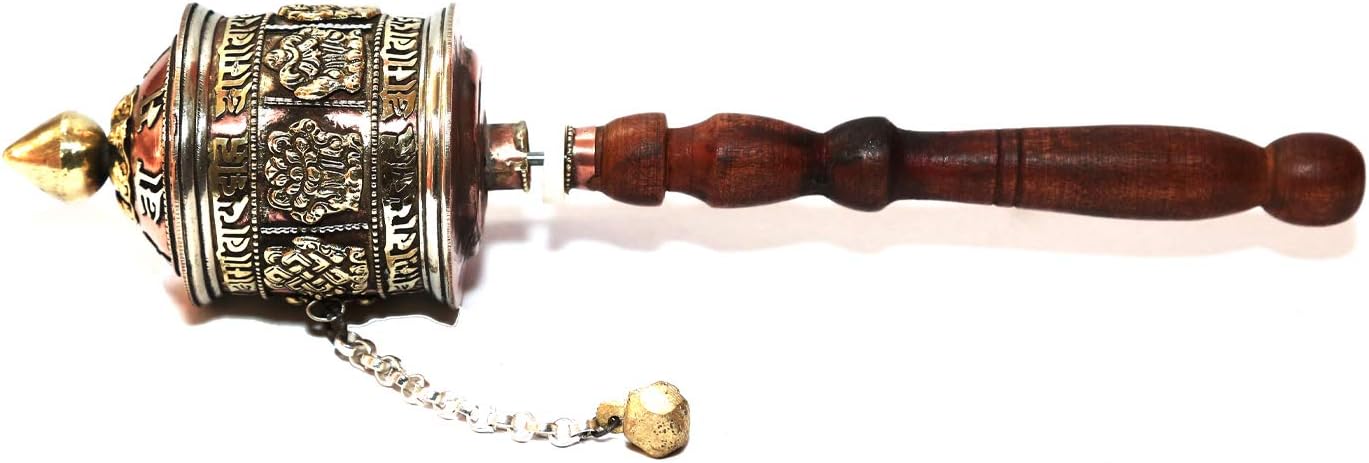 9.5 Inches, 8 Auspicious Symbol Copper & Brass Prayer Wheel
