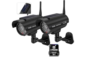 WALI Dummy Fake Camera, Solar Powered Fake Security Camera with LED Light, Simulated Surveillance Security CCTV Dome Cameras with Antenna and Warning Sticker Indoor Outdoor (SOL-TCB2), 2 Packs, Black