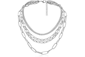 KUNJOE Layered Chain Necklaces for women 18 Inch Gold Plated Paperclip Chain Silver Tone Choker Necklace Rope Ball Chains Punk Jewelry