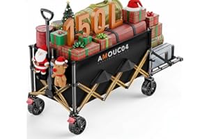 AMADA HOMEFURNISHING Wagon Cart Foldable, Collapsible Wagon with Expandable Storage, 150L Foldable Grocery Cart with 2 Cup Holders for Outdoor, Garden, Camping &Groceries