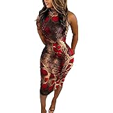ECHOINE Women Sexy Floral Print V Neck Long Sleeve Front Zipper Stretchy Pencil Midi Bodycon Dress Office Work with Belt