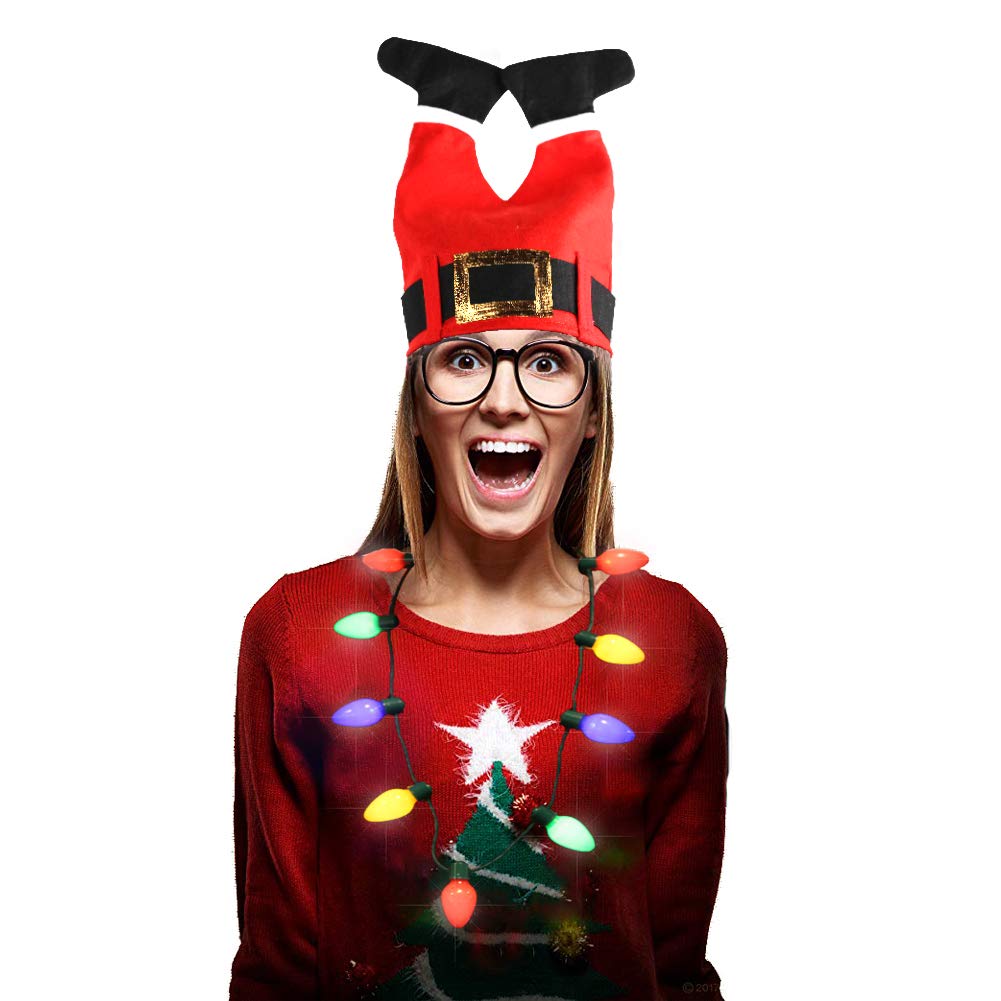 Christmas Red Santa Legs Pant Hat and LED Light-up Bulb Necklace for Ugly Sweater Christmas Xmas Holiday Party