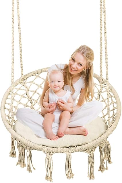 Amazon Com Hammock Chair Swing Outdoor Indoor Hanging Hammock Chair For Bedroom With Cushion Macrame Hanging Hammock Chair For Kids Adults 265lb Capacity Beige Kitchen Dining