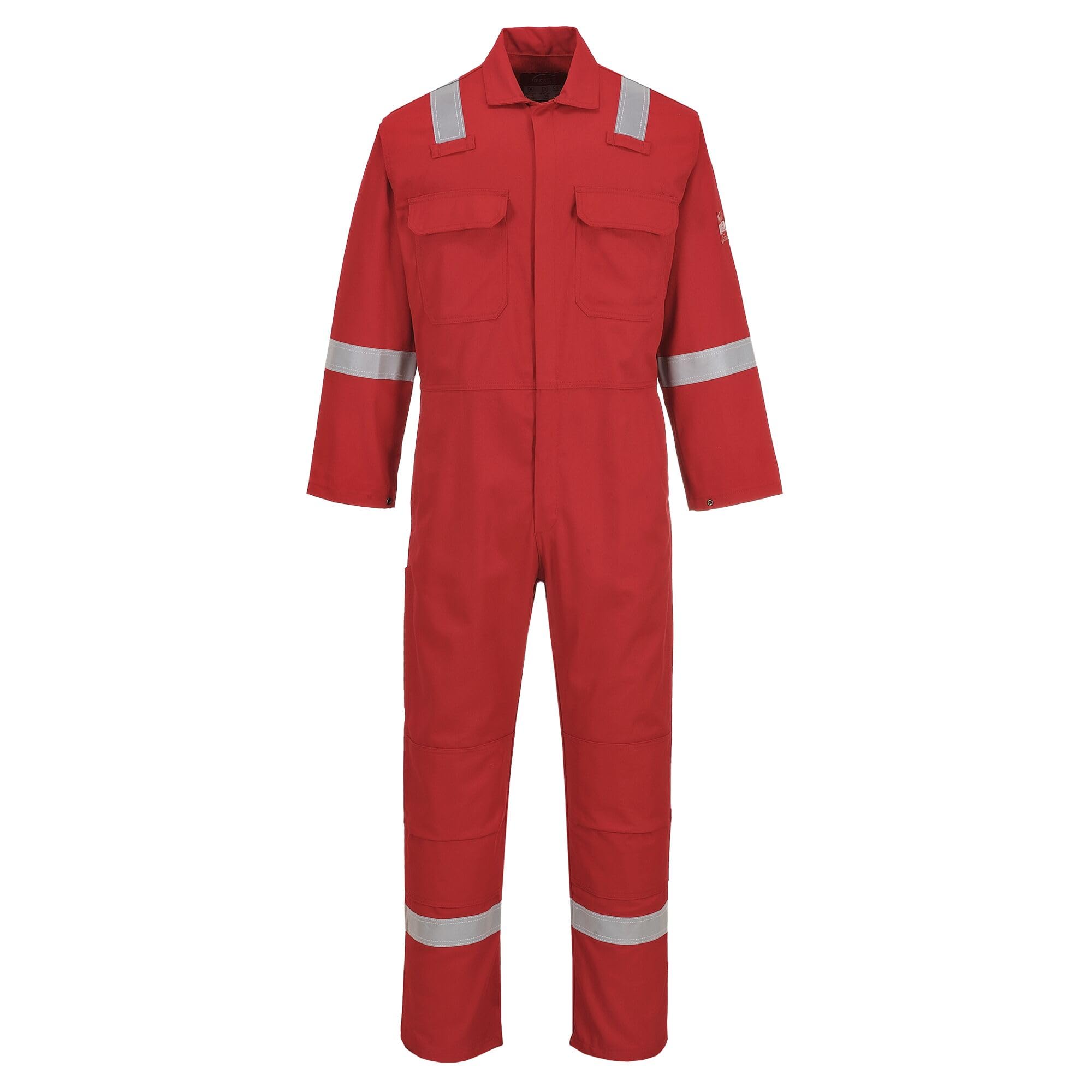 Portwest BIZ5 Bizweld FR Men's Coverall Flame Resistant Welding Overall Safety Gear 100% Cotton Reflective Tape Knee Pad Pockets Molten Metal Splash Protection, Red, L