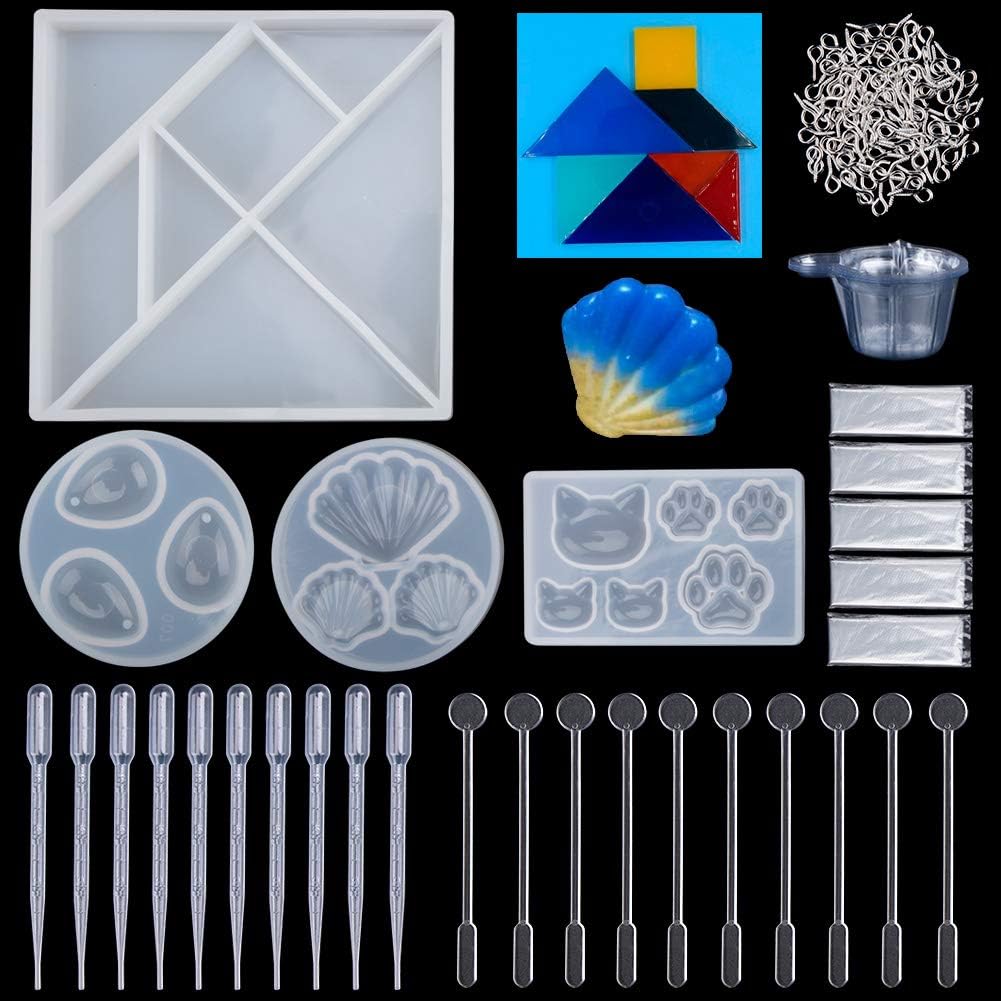 Resin Casting Molds, 144 Pcs Pendant Jewelry Casting Making Molds Set Kit,Silicone Tangram Bear Paw Shape Paperweight,Screw Eye Pins,Disposable Plastic Cups,Stirrers,Droppers,Disposable glo(144-Shell)