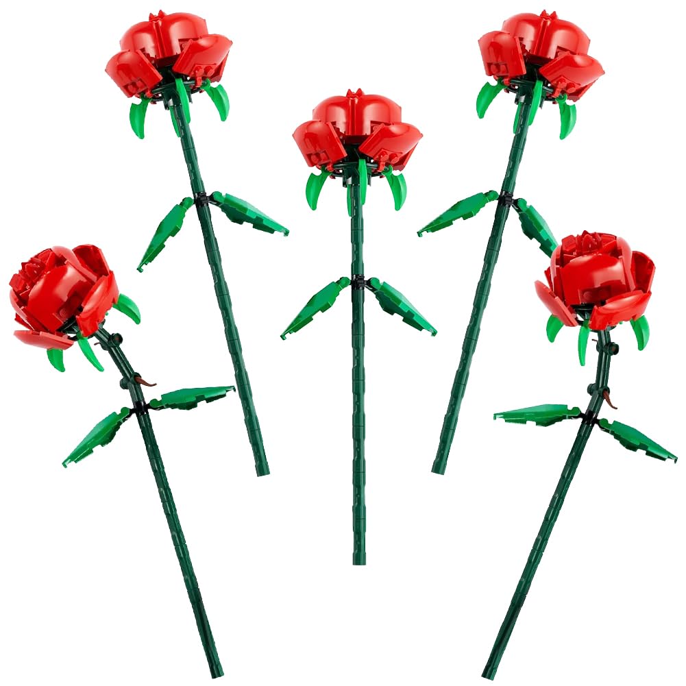 5pcs Roses, Flowers Set, Compatible with Artificial Flower Bouquets from the Botanical Collection, Kids' Bedroom Decor or Accessory Building Sets Flower Bouquet Decor Building Set for Kids Adults