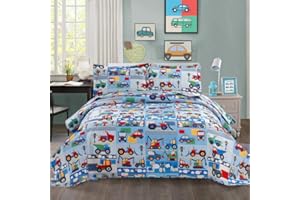 FERDILAN Kids Boys Quilt Set Twin Size Blue, 3-Piece Cartoon Car Bedding Bedspread Reversible Bulldozer Excavator Car Van Vehicles Design Lightweight Kids Boys Coverlet Quilt Set with Matching Shams