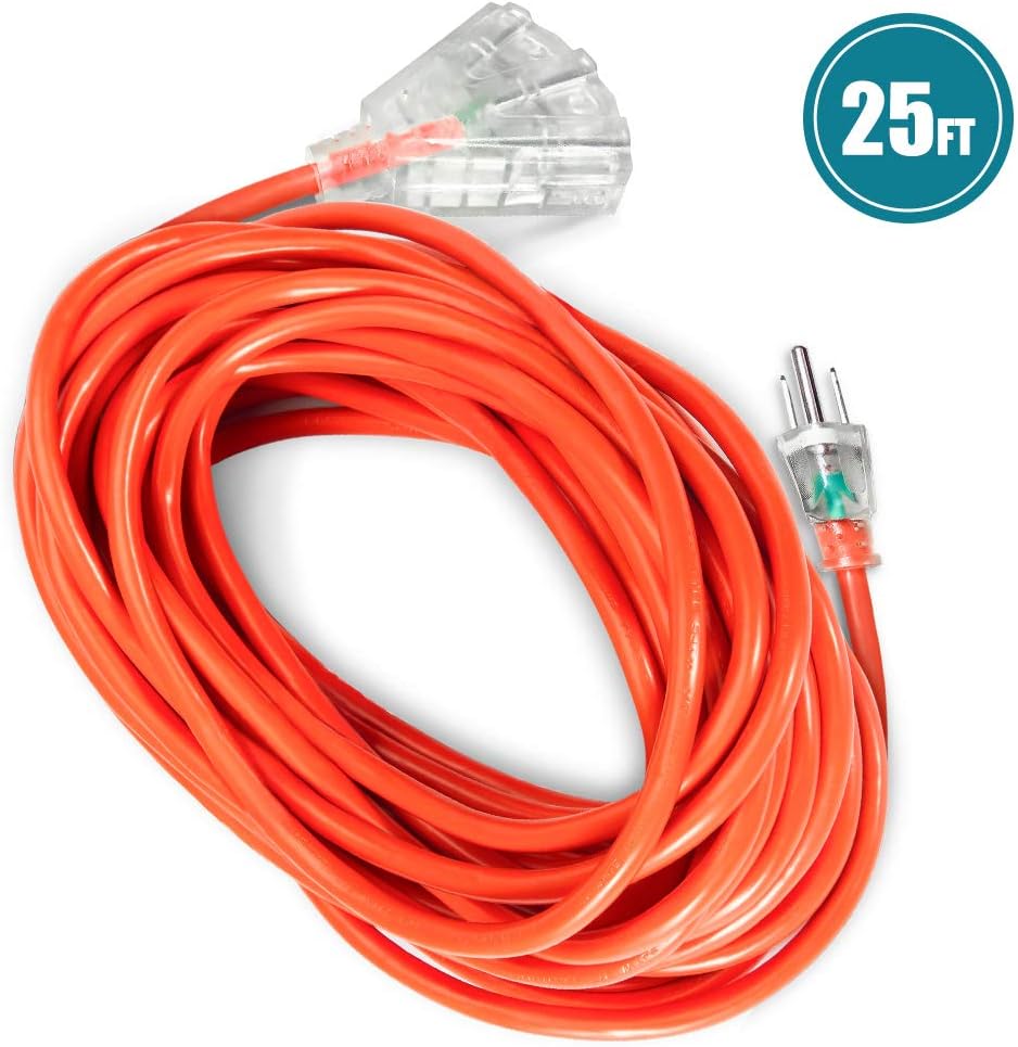 Extension Cord Outdoor 3 Prong 25 FT - 16/3 SJTW 3 Grounded Outlets Lighted Extension Cord Weatherproof Heavy Duty Flexible Extension Cable for Universal Use Household/Indoor/Outside Usage ETL Listed - - 