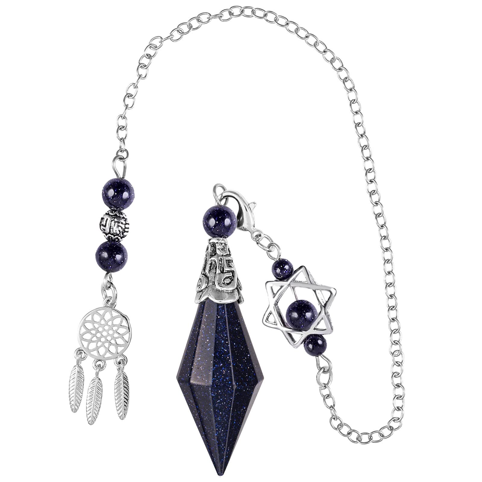 KYEYGWO Blue Sand Stone Cone Stone Pendulums, Double Crystal Point Pendulum Crystal Stone Cut Pendant Necklace for Dowsing Scrying Divination Meditation Reiki Healing