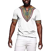 Makkrom Mens African Dashiki T Shirt Tribal Floral Print V Neck Slim Fit Shirts Tops