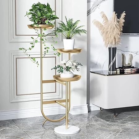 S.F.Decor Unique Shaped Metal & Marble Base Free Standing Plant Stand Planter for Planting Indoor Outdoor Balcony | Size: 31 Inch (Golden)