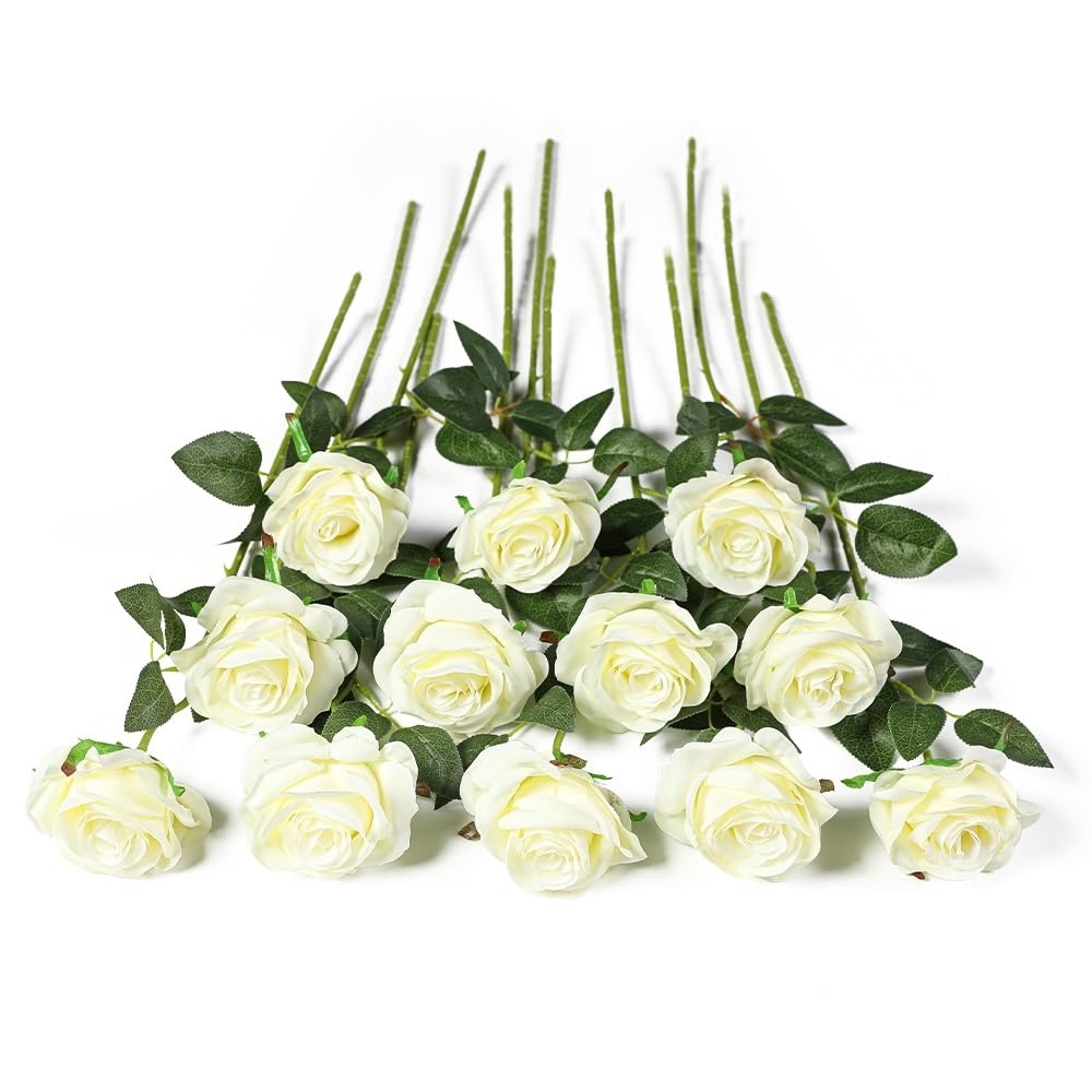 Kisflower 12Pcs Roses Artificial Flowers Fake Silk Rose Flowers Realistic Single Stem Flower Bouquet for Wedding Party Office Home Decor (White)