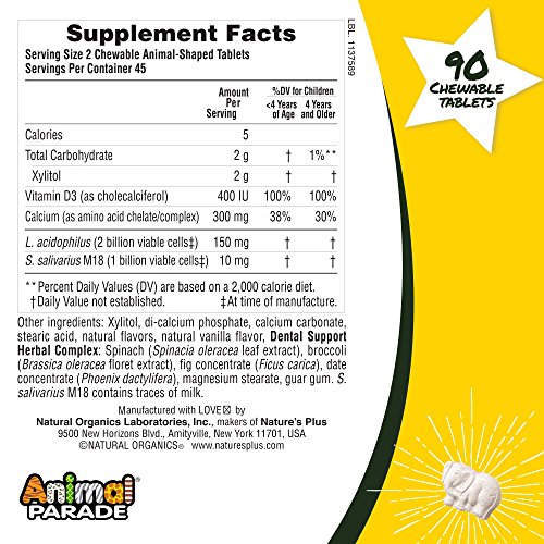 NaturesPlus Animal Parade Source of Life Tooth Fairy Children's Chewable - Natural Vanilla Flavor - 90 Animal Shaped Tablets - Dental Health Supplement - Vegetarian, Gluten-Free - 45 Servings