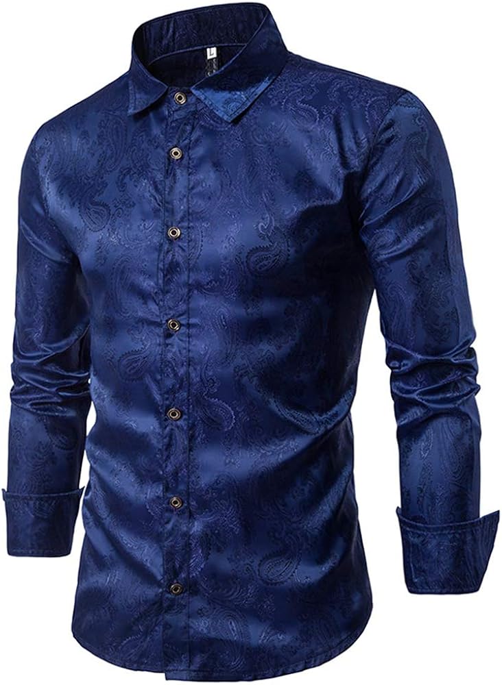 Allthemen Men's Paisley Shirt Jacquard Silk Shirts for Men Dress Shirts