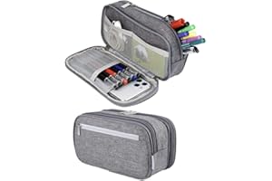 Chelory Big Capacity Pencil Case Large Storage Pencil Bag Pouch 3 Comparments Pen Case Makeup Bag for Adults Office Supplies Stationery Organizer Holder, Gray