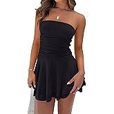 YBSKG Women Sexy Tube Top Silk Dress Strapless Ruched Waist Ruffle Tiered Layer Mini Dress Party Short Dresses