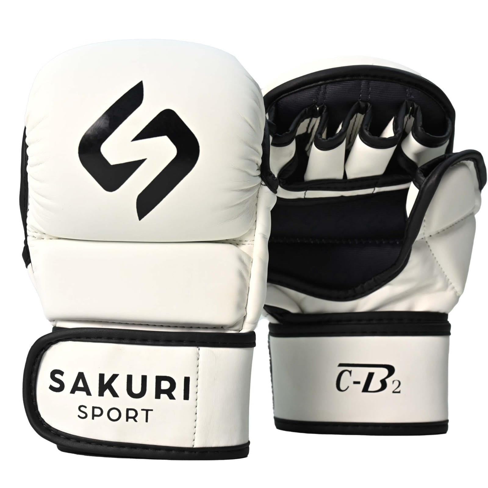 SAKURI MMA Sparring Gloves, Maya Hide Leather, White Grappling Martial Arts Training Mitts, Cage Fighting Combat, Muay Thai, Kickboxing, Boxing (L-XL, White)