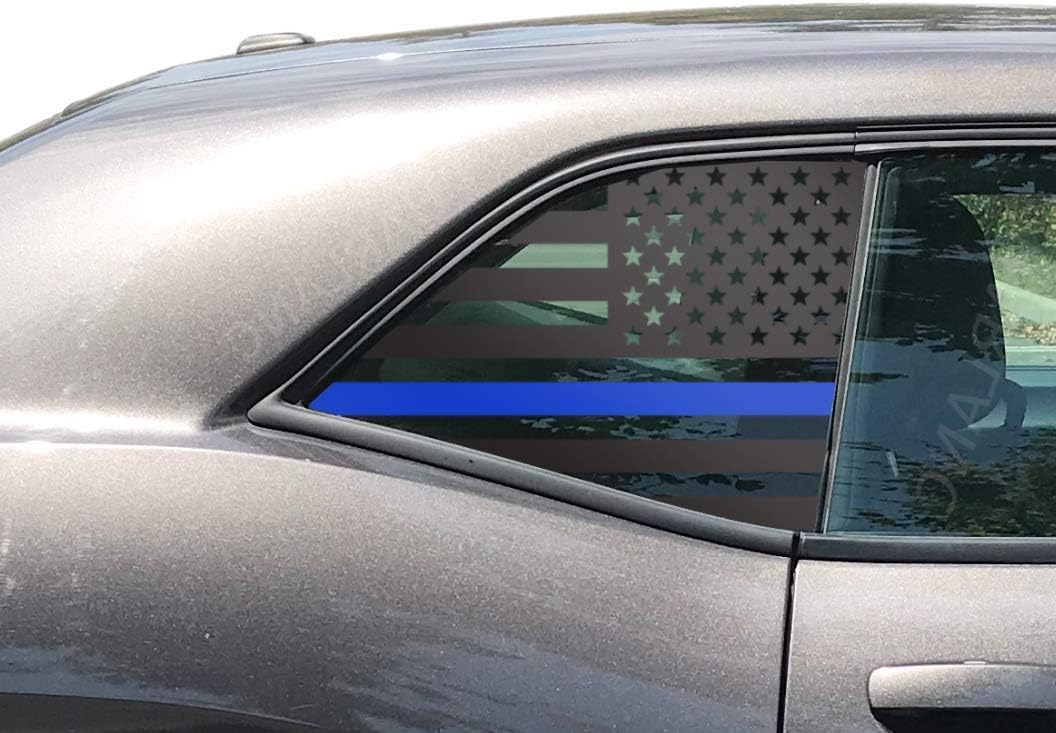 Tactical Decals - Fits 2008-2023 Dodge Challenger - Thin Blue Line USA Flag Decals in Matte Black for side windows - DX1A-B